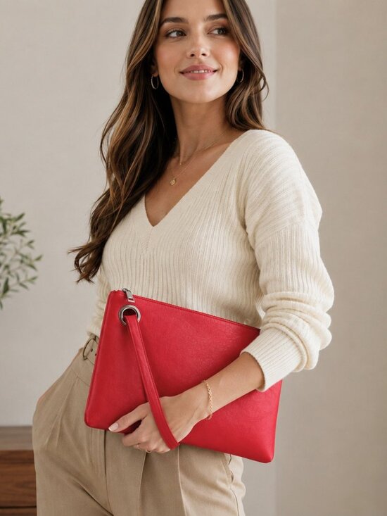 None Handbags - Large Red Clutch Purse Wristlet Faux Leather Zip Evening Bag Oversized Pouch